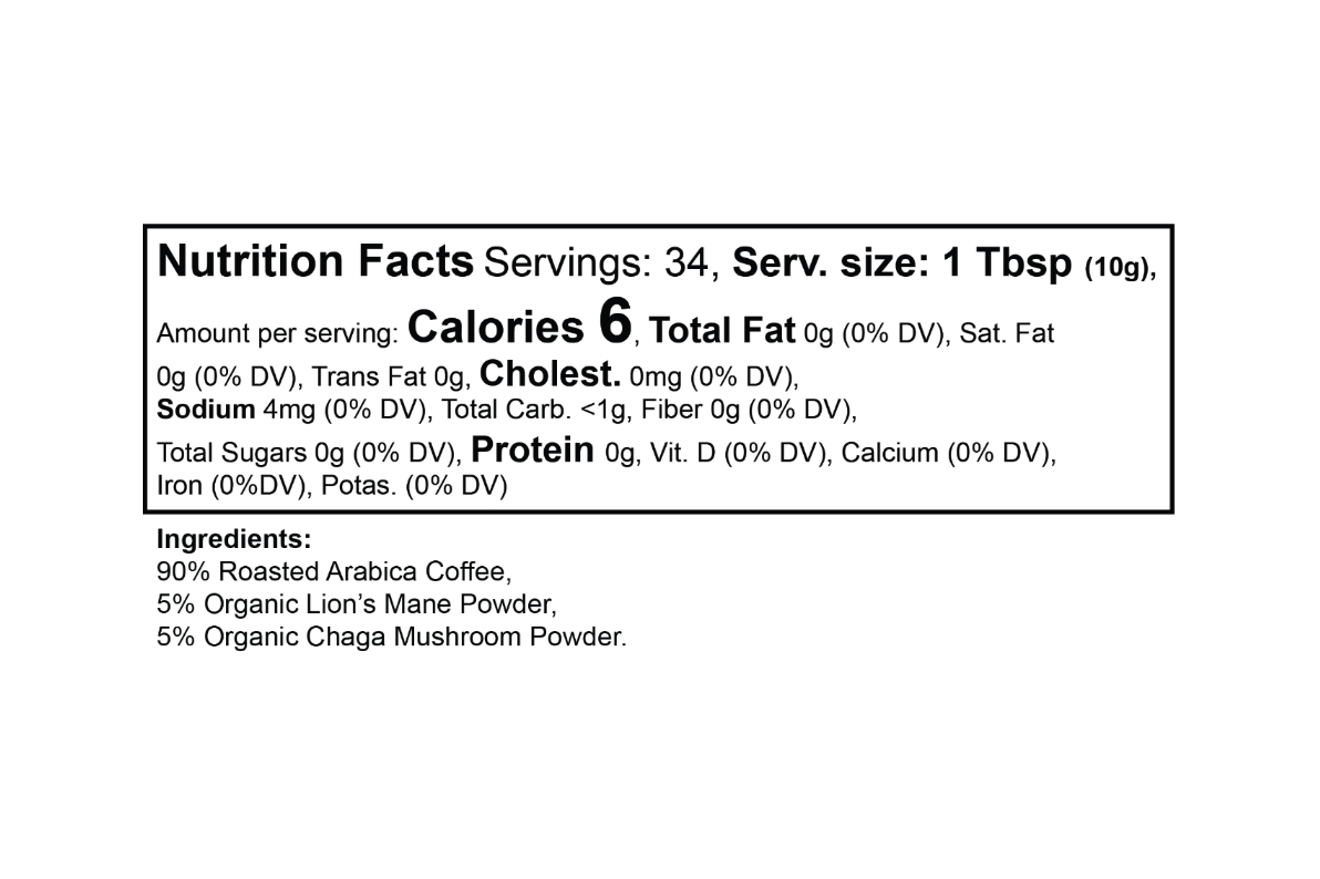 Nutrition facts label for a product with coffee, lion's mane powder, and chaga mushroom powder.